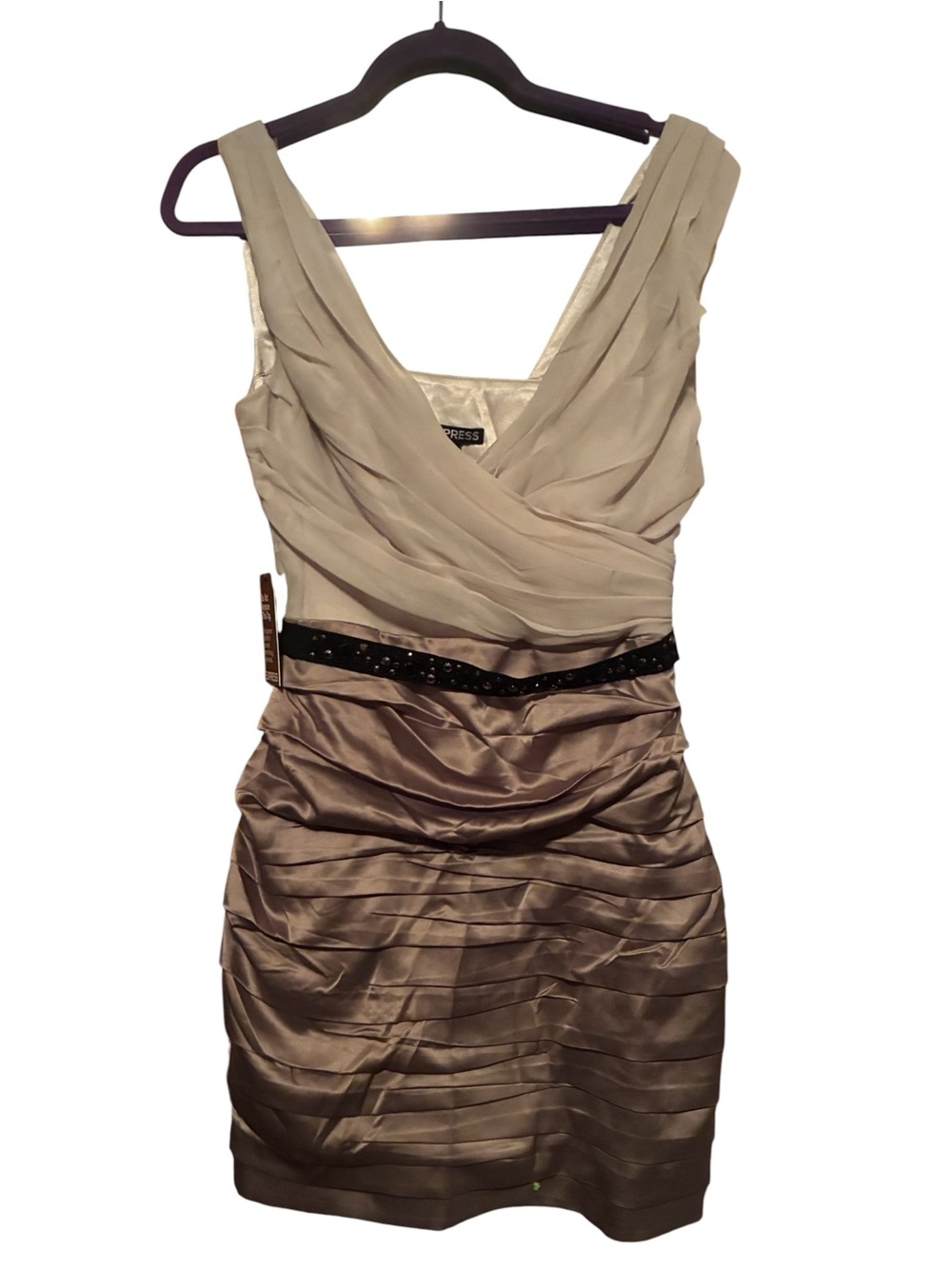 NWT VINTAGE SATIN & CHIFFON TAN & BRONZE RUCHED MINI DRESS SIZE 6